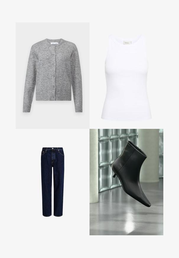 Cárdigan de lana gris con botones, puños y dobladillo acanalados. Cuello redondo, textura suave, diseño ajustado. Sin patrones o acentos visibles.; Top sin mangas de canalé blanco con escote redondo. Tejido elástico y diseño ajustado. La etiqueta en la parte posterior dice "GESTUZ."; Jeans de mezclilla azul oscuro con un diseño de pierna recta, que presentan una cintura alta, estilo de cinco bolsillos y costuras en contraste. Sin adornos.; Botín negro de cuero con punta puntiaguda y tacón bajo estilo kitten, mostrado en ángulo sobre un suelo pulido y con una pared de bloques de vidrio de fondo.