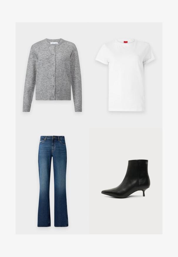 Cárdigan de lana gris con botones, puños y dobladillo acanalados. Cuello redondo, textura suave, diseño ajustado. Sin patrones o acentos visibles.; Camiseta blanca de manga corta hecha de algodón ligero. Presenta un escote redondo y mangas enrolladas. Etiqueta de logo roja en el cuello.; Jeans acampanados en un lavado azul medio, con un diseño clásico de cinco bolsillos, cierre de botón y una textura ligeramente deslavada.; Botín de piel negra con puntera puntiaguda y tacón bajo estilo kitten sobre fondo claro, mostrando vista lateral exterior.