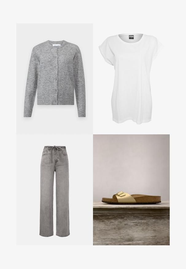 Grå uldcardigan med knapper, ribbede manchetter og kant. Rund halsudskæring, blød tekstur, tætsiddende design. Ingen synlige mønstre eller accenter.; Hvid kortærmet t-shirt lavet af bomuld, med en afslappet pasform, bred halsudskæring og minimalistisk design uden mønstre eller accenter.; Højtaljede, viddebenede grå denimjeans med et stofbælte bundet foran og forlommer.; Gyldne syntetiske slidesandaler med en enkelt rem og spændeaccent, der har en brun korksål og en tekstureret gummisål.