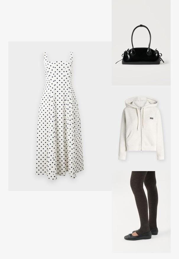 Sweat à capuche zippé beige clair avec poches avant, capuche à cordon, poignets et ourlet côtelés, et un petit logo carré sur la poitrine gauche.; Robe midi blanche sans manches avec des pois bleu marine et un col carré, présentée sur un fond clair.; Jambes portant des leggings côtelés foncés associés à des ballerines noires avec de petits détails en nœud sur fond blanc.; Petit sac à main noir brillant avec deux longues anses et des détails à cordon sur les côtés sur un fond clair uni.