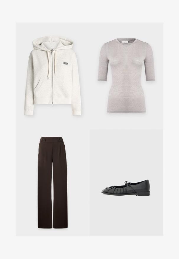 Sweat à capuche zippé beige clair avec poches avant, capuche à cordon, poignets et ourlet côtelés, et un petit logo carré sur la poitrine gauche.; T-shirt gris clair ajusté avec un col rond, des manches courtes et une texture lisse. Fabriqué en tissu doux et léger avec des coutures minimales.; Pantalon large marron foncé à taille haute, plis sur le devant, passants de ceinture et deux boutons décoratifs à la ceinture, présenté sur un fond uni.; Chaussure plate noire avec design plissé à l'avant et un nœud noué sur le dessus, petit talon, et texture lisse sur un fond gris clair.