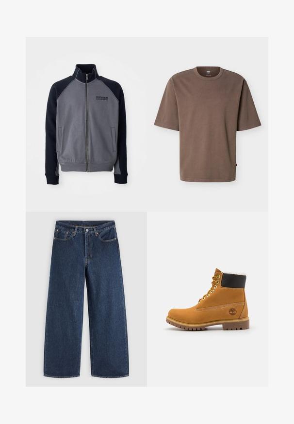 Hallideheline ja must tõmblukkidega jope kõrge kraega, kaks eesmist taskut ja "Dickies Workwear Company" logo rinnal.; Lahke lõikega lühikese varrukaga pruun puuvillane T-särk, ümar kaelusega ja väikese punase Levi's sildiga küljeõmblusel.; Tumesinised laiade säärega teksapüksid esitaskute, nööpidega kinnituse ja vööaasadega, tasapinnaliselt heleda tausta peal.; Pruun nahast pahkluu saabas metallist silmadega, valge karvane vooder, must pehmendatud krae, robustne tallal ja küljes reljeefne logo.