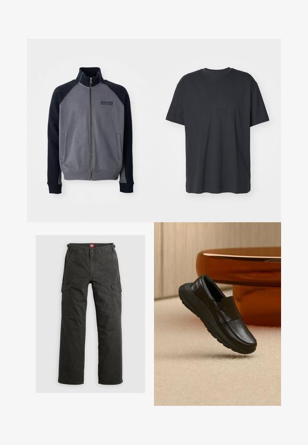 Veste zippée grise et noire avec col haut, deux poches frontales et logo "Dickies Workwear Company" sur la poitrine.; T-shirt en coton noir avec des manches courtes, un col rond, une coupe décontractée et une texture lisse. Pas de motifs visibles ni de détails supplémentaires.; Pantalons cargo gris foncé en tissu de coton durable, avec poches latérales, coupe décontractée et fermeture à bouton à la taille.; Mocassin en cuir noir avec une semelle épaisse, présenté au-dessus d'un tapis beige et près d'une base de table ronde couleur ambre.