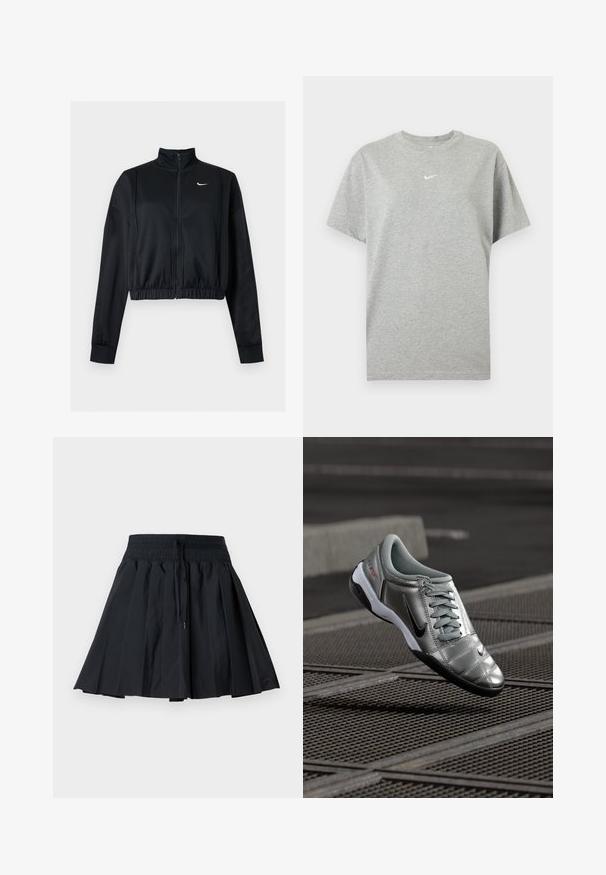 Black long-sleeve cropped zip-up jacket with high collar and white Nike swoosh logo on the left chest.; Grey short-sleeve cotton t-shirt with crew neck and small white Nike swoosh logo centered on the chest.; Black pleated skirt with elastic waistband and drawstring, knee-length, displayed on a plain light gray background.; Silver Nike shoe with a smooth finish, featuring a lace-up design and a black outsole. Textured upper with subtle accents and logo.