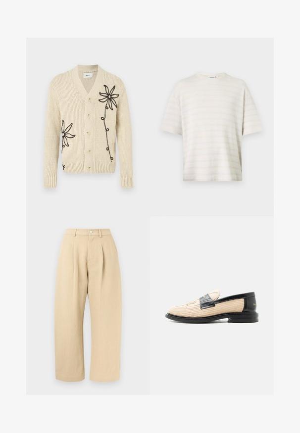 Cardigan beige en tricot avec un col en V, orné de broderies florales noires et cinq boutons sur le devant. Poignets et ourlet côtelés.; Haut en tricot texturé crème à manches courtes avec de fines rayures horizontales et un col rond sur fond blanc uni.; Pantalon beige taille haute à jambes larges avec passants pour ceinture, fermeture à boutons à l'avant, et poches latérales sur un fond clair.; Mocassin tissé beige avec bordure en cuir noir, bout arrondi, semelle noire et motif décoratif cousu sur la partie supérieure.
