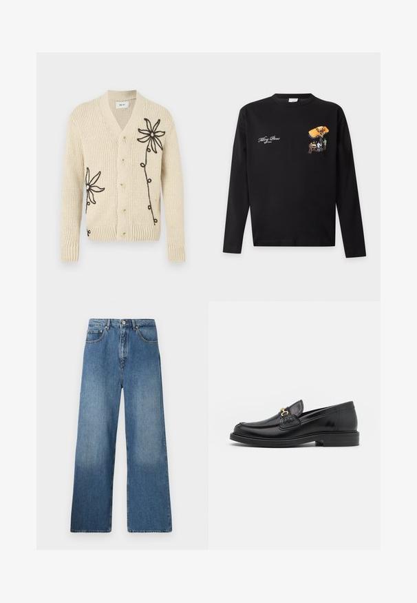 Cardigan beige en tricot avec un col en V, orné de broderies florales noires et cinq boutons sur le devant. Poignets et ourlet côtelés.; Chemise noire à manches longues avec petite voiture jaune et graphique de quatre personnes sur la poitrine et texte blanc "Filling Pieces" sur le côté gauche.; Jean en denim bleu à jambes évasées avec un design classique à cinq poches, fermeture à bouton à l'avant et légères décolorations pour ajouter de la texture.; Mocassins en cuir noir avec un embout rond, présentant des accents en métal doré et des détails de couture, montés sur une semelle en caoutchouc texturé et basse.