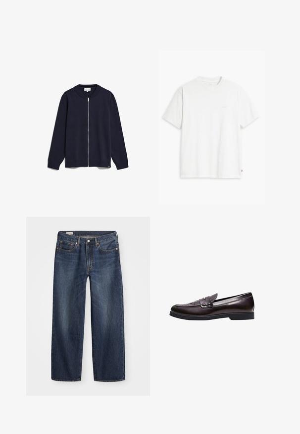 Marineblauwe zip-up cardigan van breiwerk, met een ronde halslijn, lange mouwen, geribbelde manchetten en zoom, en een klein merkembleem onderaan.; Wit katoenen T-shirt met korte mouwen, ronde hals en een subtiel "Levi's" logo in een lichte kleur op de voorkant gedrukt.; Donkerblauwe spijkerbroek met een rechte pijp, vijf zakken, metalen knoop en rits, en subtiele wassingpatronen.; Donkerbruine leren loafer met een lage hak, gestikte details op de neus en een decoratieve band over het bovenwerk.