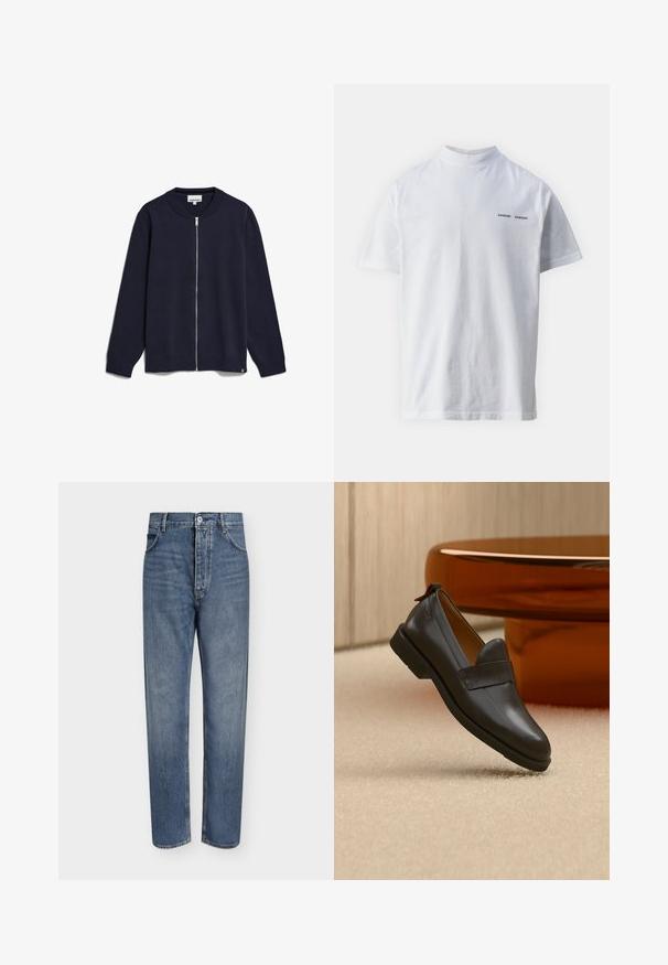 Navy-blaues Zip-Up-Strickjacke aus gestricktem Stoff, mit Rundhalsausschnitt, langen Ärmeln, gerippten Bündchen und Saum sowie einem kleinen Markenetikett an der Unterseite.; Weißes Baumwoll-T-Shirt mit hohem Ausschnitt und kurzen Ärmeln. Mit schwarzem "SAMSØE SAMSØE" Logo auf der Vorderseite. Glatte Textur.; Gerade geschnittene blaue Jeans aus Denim mit hoher Taille, Frontknopfverschluss und Fünf-Taschen-Design auf einem schlichten hellen Hintergrund.; Schwarzer Lederloafer mit niedrigem Absatz, der über einem beigen Teppich schwebt, neben einem glänzenden bernsteinfarbenen Tisch in einem minimalistischen Raum.