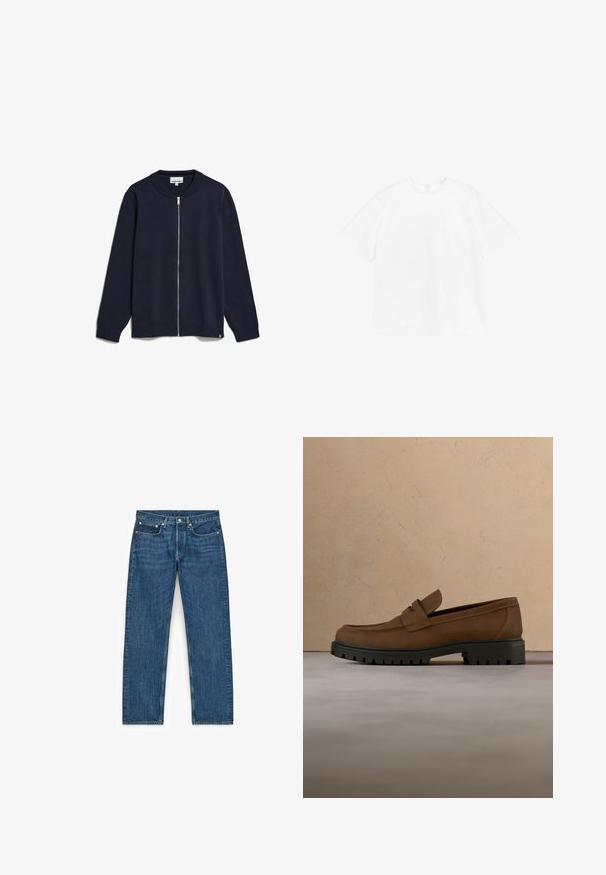 Navy-blaues Zip-Up-Strickjacke aus gestricktem Stoff, mit Rundhalsausschnitt, langen Ärmeln, gerippten Bündchen und Saum sowie einem kleinen Markenetikett an der Unterseite.; T-Shirt mit kurzen Ärmeln und Rundhalsausschnitt aus unifarbenem weißen Baumwollstoff. Normale Passform mit schlichter Gestaltung und ohne sichtbare Muster oder Akzente.; Blaue Jeans aus Denim mit geradem Bein, vier Taschen und Details aus Metall. Der Stoff hat eine leichte Textur und einen gleichmäßigen Waschungseffekt.; Dunkelbrauner Lederloafer mit dicker schwarzer Gummisohle, dargestellt über beigem Teppich und Sofa-Hintergrund.