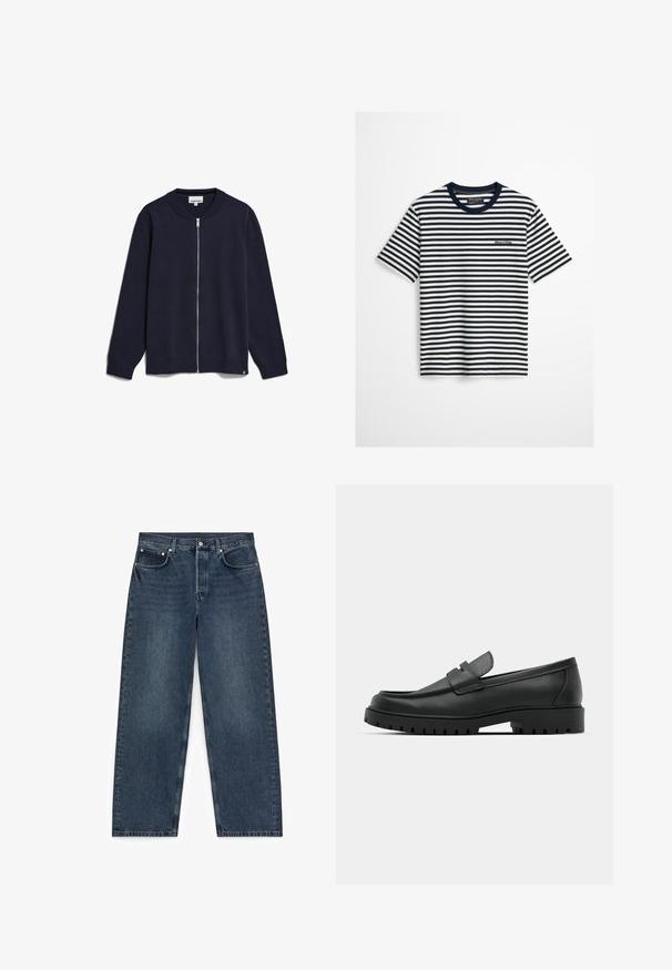 Navy-blaues Zip-Up-Strickjacke aus gestricktem Stoff, mit Rundhalsausschnitt, langen Ärmeln, gerippten Bündchen und Saum sowie einem kleinen Markenetikett an der Unterseite.; Marineblaue und weiße horizontal gestreifte kurzärmelige T-Shirt mit marineblauem Kragen und kleinem Marc O’Polo-Logo auf der Brust.; Dunkelblaue Jeans mit geradem Bein, fünf Taschen und Knopfverschluss, flach auf einem weißen Hintergrund liegend.; Schwarze Lederloafer mit runder Zehenform, ausgestattet mit einem gesteppten Design, niedrigem Plattformsohle und einer strukturierten, genoppten Gummisohle.
