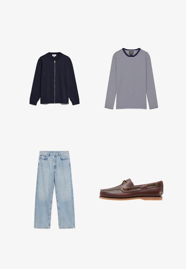 Navy-blaues Zip-Up-Strickjacke aus gestricktem Stoff, mit Rundhalsausschnitt, langen Ärmeln, gerippten Bündchen und Saum sowie einem kleinen Markenetikett an der Unterseite.; Langarmshirt mit navyblauen und weißen horizontalen Streifen und rundem navyblauem Kragen, Markenlabel innen am Halsausschnitt.; Hellblaue Jeans mit geradem Bein, vorderen und hinteren Taschen, Gürtelschlaufen sowie einem Knopf- und Reißverschluss.; Brauner Leder-Bootsschuh mit weißen Nähten, Schnürdetails und hellbrauner Gummisohle, seitlich auf weißem Hintergrund gezeigt.