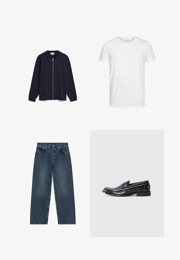 Navy-blaues Zip-Up-Strickjacke aus gestricktem Stoff, mit Rundhalsausschnitt, langen Ärmeln, gerippten Bündchen und Saum sowie einem kleinen Markenetikett an der Unterseite.; Rundhals-T-Shirt mit kurzen Ärmeln in reinem Weiß, aus weicher Baumwolle, mit einem schlichten Design ohne sichtbare Muster oder Akzente.; Dunkelblaue Jeans mit geradem Bein, fünf Taschen und Knopfverschluss, flach auf einem weißen Hintergrund liegend.; Schwarze Lederlofer mit einer runden Zehenform, featuring weiße Nähte und einem leicht erhöhten Absatz. Glatte Oberfläche, einfaches Design.