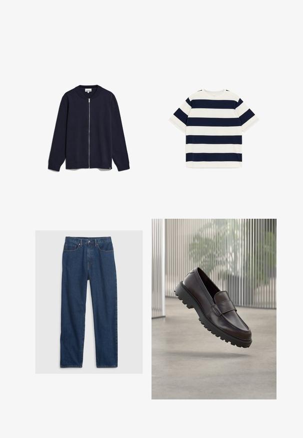 Navy-blaues Zip-Up-Strickjacke aus gestricktem Stoff, mit Rundhalsausschnitt, langen Ärmeln, gerippten Bündchen und Saum sowie einem kleinen Markenetikett an der Unterseite.; Kurzärmliges Rundhalsoberteil mit breiten dunkelblauen und weißen horizontalen Streifen, flach auf weißem Hintergrund liegend.; Dunkelblaue Jeans aus Denim im geraden Schnitt, mit Fünf-Taschen-Design, Knopfverschluss und Kupfernieten.; Brauner Leder-Schlupfschuh mit abgerundetem Zehenbereich und einer robusten schwarzen Gummisohle. Verfügt über einen dekorativen Riemen über dem Spann.