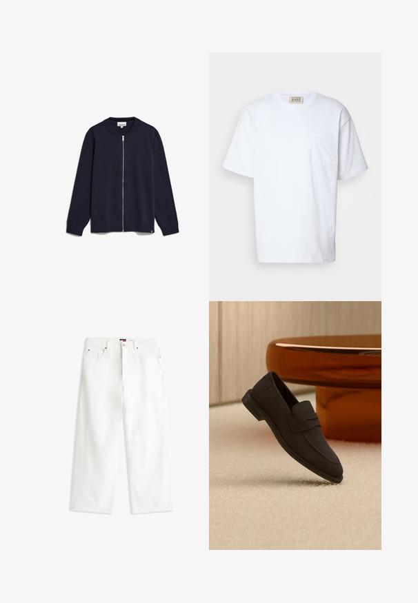 Navy-blaues Zip-Up-Strickjacke aus gestricktem Stoff, mit Rundhalsausschnitt, langen Ärmeln, gerippten Bündchen und Saum sowie einem kleinen Markenetikett an der Unterseite.; Weißes Kurzarm-T-Shirt aus Baumwolle. Mit einer Brusttasche und feinen Nähten an der Tasche. Rundhalsausschnitt.; Weiße Jeans mit hoher Taille und weitem Bein, vorne mit Knöpfen und Reißverschluss, fünf Taschen und einem kleinen Logotag am Bund.; Schwarzer Leder-Slipper, der über einem beigen Teppich mit einem bernsteinfarbenen, runden Beistelltisch im Hintergrund schwebt.
