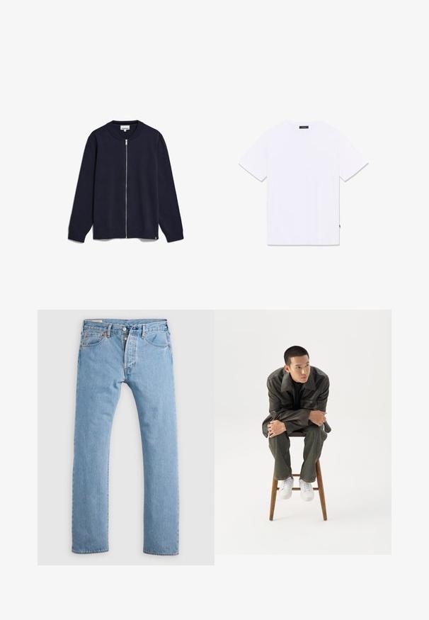 Navy-blaues Zip-Up-Strickjacke aus gestricktem Stoff, mit Rundhalsausschnitt, langen Ärmeln, gerippten Bündchen und Saum sowie einem kleinen Markenetikett an der Unterseite.; Weißes T-Shirt mit kurzen Ärmeln und Rundhalsausschnitt, flach von hinten dargestellt, mit kleinem schwarzem Etikett am Halsausschnitt und an der Seitennaht.; Hellblaue gerade geschnittene Jeans aus Denim mit Knopfverschluss, Gürtelschlaufen sowie Vorder- und Hintertaschen, auf einem weißen Hintergrund präsentiert.; Junger Mann in dunkler Lederjacke und Jeans sitzt auf einem Holzstuhl, lehnt sich mit verschränkten Armen nach vorne und schaut seitlich vor weißem Hintergrund.
