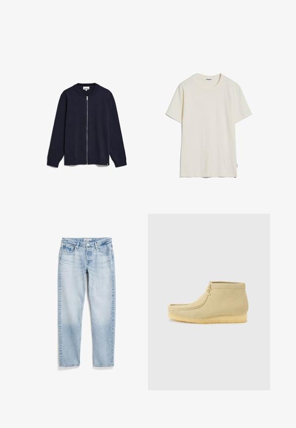 Navy-blaues Zip-Up-Strickjacke aus gestricktem Stoff, mit Rundhalsausschnitt, langen Ärmeln, gerippten Bündchen und Saum sowie einem kleinen Markenetikett an der Unterseite.; Kurzärmliges T-Shirt mit Rundhalsausschnitt aus off-weißem Baumwollstoff. Glatte Textur, lässige Passform und ein kleines Markenlabel am unteren linken Saum.; Helle blaue Jeans mit geradem Schnitt, fünf Taschen, subtiler Verwaschung und kontrastierenden Nähten entlang der Säume.; Beiger Wildleder-Mokassin in Knöchelhöhe mit Krepsohle und Schnürung vorne, vor einem schlichten hellgrauen Hintergrund.