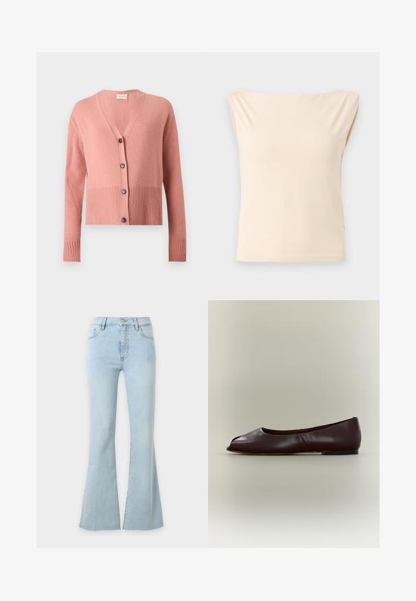 Cardigan rose à manches longues en tricot, encolure en V, ourlet et poignets côtelés, avec quatre boutons noirs sur le devant.; Blouse sans manches beige avec larges épaules et encolure bateau, présentée sur un fond gris clair uni.; Jean en denim bleu clair taille haute avec jambes évasées, fermeture par bouton et fermeture éclair, poches avant et arrière.; Chaussure plate en cuir marron foncé avec bout ouvert et petit talon sur fond clair uni.