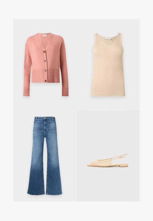 Cardigan rose à manches longues en tricot, encolure en V, ourlet et poignets côtelés, avec quatre boutons noirs sur le devant.; Haut sans manches beige en maille côtelée avec un col en V et une étiquette "Tiger of Sweden" au niveau du col sur un fond clair uni.; Jean en denim bleu évasé avec taille mi-haute, cinq poches et un délavage usé. Comporte des passants de ceinture et une fermeture à un bouton.; Chaussure plate slingback en beige clair avec une tige en maille, un bout pointu et un petit talon. Dotée d'une sangle ajustable pour un bon maintien.