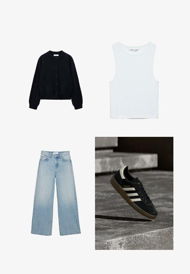 Zwarte gebreide cardigan met een ronde halslijn, knoopsluiting en lange mouwen. Bevat zijzakken en ribgebreide manchetten en onderrand.; Witte mouwloze crop top met ronde hals, gemaakt van gladde stof, met Pull&Bear-label, geschikt voor casual wear.; Lichtblauwe high-waisted wijde jeans met voorzakken, knoopsluiting en riemlussen op een witte achtergrond.; Zwarte Adidas sneaker met witte strepen en gumzool die boven grijze betonnen trappen zweeft in natuurlijk licht.