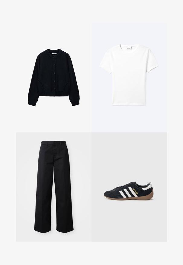 Cárdigan negro de punto con escote redondeado, cierre de botones y mangas largas. Presenta bolsillos laterales y puños y dobladillo acanalados.; Camiseta blanca lisa de manga corta con cuello redondo y una pequeña etiqueta "WEEKDAY" dentro del cuello, mostrada extendida sobre un fondo claro.; Pantalones de pierna ancha negros, hechos de suave tejido de algodón. Presentan una cinturilla clásica, bolsillos laterales y un corte recto hasta el dobladillo.; Zapatilla de ante negra con tres rayas blancas, suela de goma y un pequeño logo dorado en el lateral. Cuenta con un forro interior negro liso.