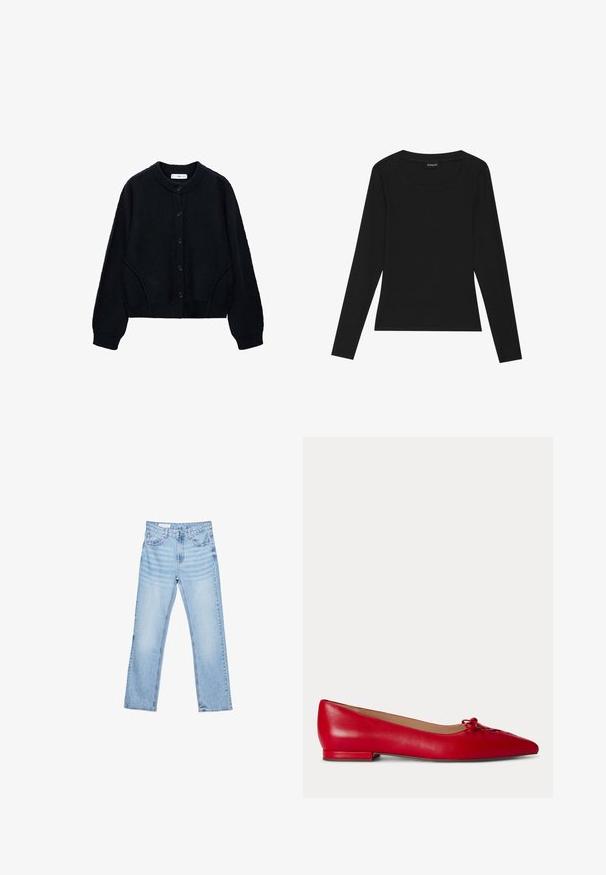 Sort strikket cardigan med rund halsudskæring, knaplukning og lange ærmer. Har sidelommer og ribbede manchetter og kant.; Sort langærmet ribbet top med rund halsudskæring og tætsiddende silhuet. Stoffet har en glat tekstur og en strækbar kvalitet.; Lyseblå denimjeans med lige pasform, fem-lomme-design og synlig syning. Mellem-høj talje med klassisk knap- og lynlåslukning.; Rød flad lædersko med spids tå og lille sløjfedetalje på toppen, vist i sideprofil mod en ensfarvet baggrund.
