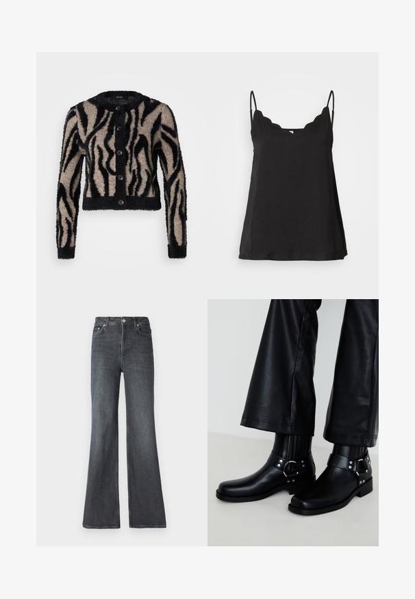 Vero Moda Petite VMVALENTINA O NECK CARDIGAN - Vest - black/silver mink; Zwarte scalloped cami-top met dunne straps, zachte textuur en een losse pasvorm. Heeft een licht gebogen decollete en een eenvoudig ontwerp.; Donkerdenim, flared jeans met een hoge taille, voorzien van voorzakken, een ritssluiting en een klassiek vijfzakkenontwerp.; Zwarte leren enkelboots met een ronde neus, voorzien van een decoratieve gesp en studs op de band, en verticale ribbels.
