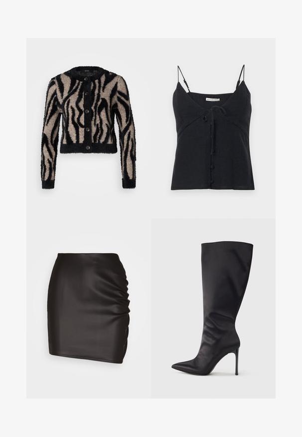 Vero Moda Petite VMVALENTINA O NECK CARDIGAN - Kardigan - black/silver mink; Must mustriga õlgadeta top, millel on õhukesed reguleeritavad sangad, ees sõlm ja kaetud nööpide detailid, pärit Abercrombie & Fitch.; Must hõbedast mini-seelik, mis on valmistatud siledast sünteetilisest materjalist, ruched detailidega ühel küljel ja sobiva siluettiga.; Mustad põlvekõrgused terava ninaga kontsakingad, mis on valmistatud siledast ja läikivast materjalist; kitsas sobivus ning kerge voltimise efekt pahkluu ümber; sädelev konts.