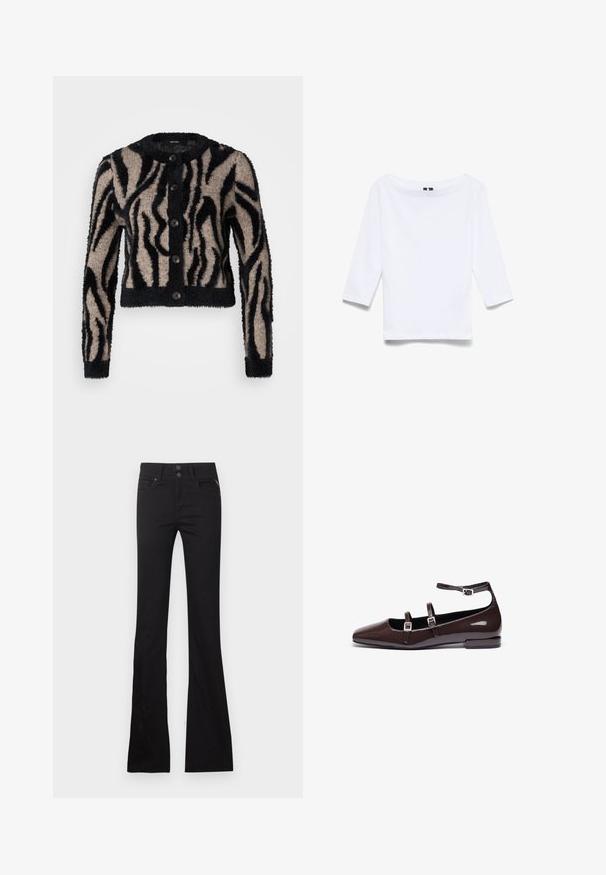 Vero Moda Petite VMVALENTINA O NECK CARDIGAN - Vest - black/silver mink; Witte driekwartmouwen shirt gemaakt van een katoenen mix; beschikt over een brede bootnek en een gladde, lichte textuur.; Zwarte high-waist uitlopende jeans met zakken aan de voorkant, riemlussen en een sluiting met twee knopen op een effen achtergrond.; Bruine gepatineerde leren ballerina's met een spitse neus, voorzien van twee verstelbare banden en zilveren gespen, en een lage, vierkante hak.