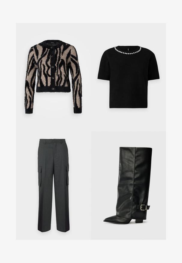 Vero Moda Petite VMVALENTINA O NECK CARDIGAN - Strickjacke - black/silver mink; Schwarzer Kurzarm-Pullover mit Rundhalsausschnitt, verziert mit einem kreisförmigen Muster aus silberfarbenen Schmuckelementen entlang des Ausschnitts.; Dunkelgraue Gerade-Hosen-Cargo mit seitlichen Klappentaschen und Gürtelschlaufen, auf einem schlichten weißen Hintergrund präsentiert.; Schwarze Lederstiefeletten in Knöchellänge mit spitzem Zehenbereich, glatter Oberfläche und silberner Schnallenakzent an der Seite. Massiver, quadratischer Absatz.