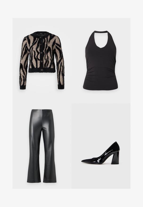 Vero Moda Petite VMVALENTINA O NECK CARDIGAN - Kardigan - black/silver mink; Mustast kärjeteta halter-kaelusega top, millel on kehale sobiv talje ja kerged kortsud külgedel, kuvatud ühtlasel heledal taustal.; Mustad kunstnahast püksid, millel on laienev jalgade disain, sile ja läikiv tekstuur ning kõrge vöökoht. Lihtne ja stiilne välimus.; Must värviline lakknahast kõrge kontsaga king, millel on terav varvas ja paks konts, millel on sile, läikiv tekstuur ja voolujooneline disain.