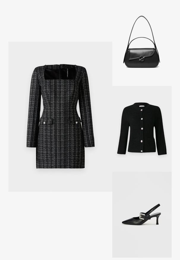 JDY JDYJANNE O NECK CARDIGAN - Vest - black; Zwart-witte geruite jurk met een vierkante halslijn, lange mouwen en twee voorzakken met parelachtige knopen. Gestructureerde stof.; Zwart leren slingback-schoen met spits toelopende neus, lage hak en gespversiering met strasssteentjes. Gladde textuur, minimalistisch ontwerp.; Zwarte leren schoudertas met een gebogen klep die is bevestigd met een ronde metalen sluiting en een smalle, verstelbare band.