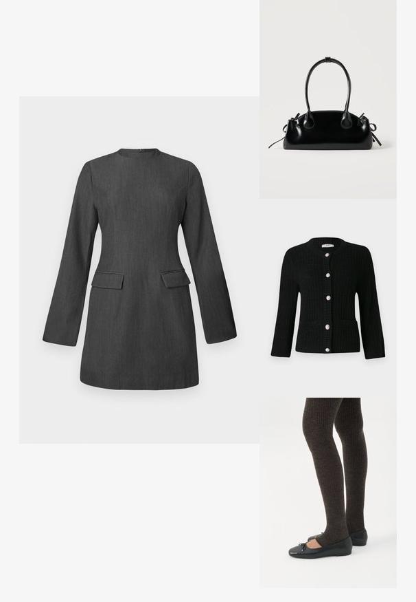 JDY JDYJANNE O NECK CARDIGAN - Cardigan - black; Grå skræddersyet kjole med lange ærmer, rund halsudskæring og to forlommer. Fremstillet af tekstureret stof med et slankt, struktureret design.; Ben iført mørke ribbede leggings kombineret med sorte balletsko med små sløjfedetaljer på hvid baggrund.; Lille sort blank håndtaske med to lange håndtag og snøre-detaljer i siden på en ensfarvet lys baggrund.