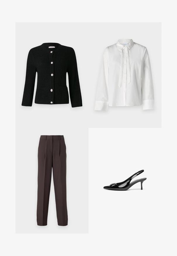JDY JDYJANNE O NECK CARDIGAN - Kardigán - black; Biela blúzka s dlhými rukávmi a golierom, predným zapínaním na gombíky a detailom viazania na výstrihu. Hladká tkanina a skrátený strih.; JJXX JXELLIS WIDE - Nohavice - seal brown; Čierne patentkové lodičky s otvorenou pätou, špicatou špičkou a lesklým povrchom. Majú štíhly opätok a zaoblený detail na nártovej časti.