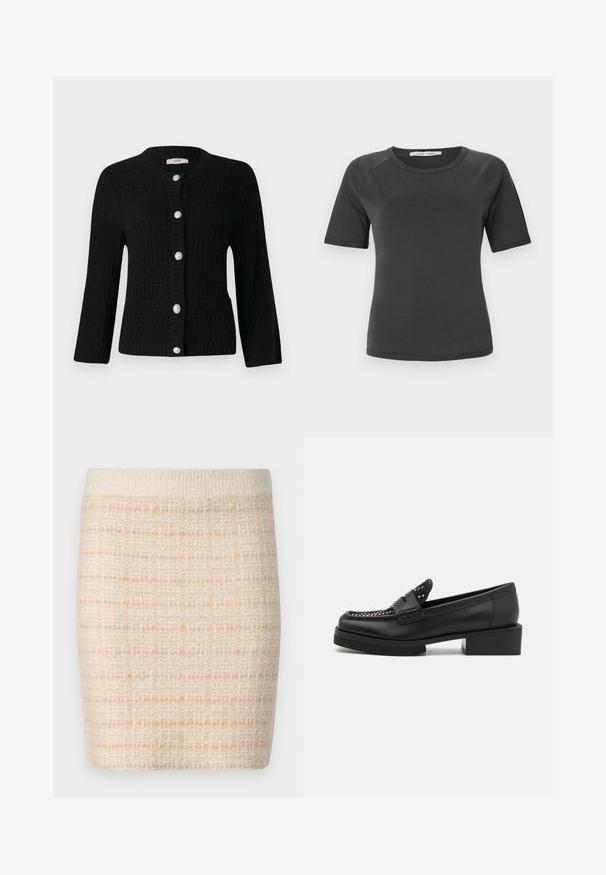 JDY JDYJANNE O NECK CARDIGAN - Strickjacke - black; Dunkelgraues Kurzarm-T-Shirt mit Rundhalsausschnitt, aus glattem Stoff, mit Raglanärmeln und einem minimalistischen Design.; Beige Strick-Minirock mit einem strukturierten Karomuster, ausgestattet mit einem einfarbigen, cremefarbenen Bund. Mid-Thigh-Länge, weicher Stoff.; Schwarze Lederloafers mit quadratischer Zehenform und Blockabsatz. Verfügen über dekorative Nähte und genietete Akzente auf dem Blatt.