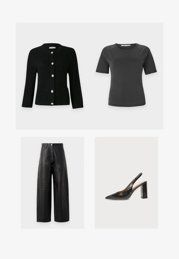 JDY JDYJANNE O NECK CARDIGAN - Kardigan - black; Tumedashhallik toop, lühikeste varrukate ja ümmarguse kaelusega, sileda kangaga, raglan varrukatega ja minimalistliku disainiga.; Must mustrõngad mustast nahast, millel on kõrge vöökoht, ees olevad taskud ja peened õmbluse detailid. Sile tekstuur täiustab disaini.; Mustast nahast naiste slingback-tükk kingad terava varba ja paksu kõrge plokktipuvalge taustaga.