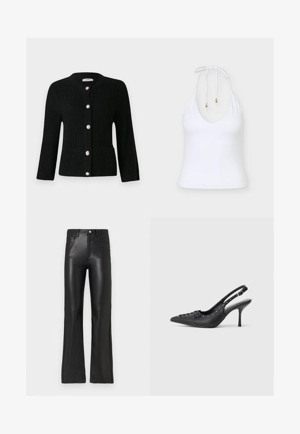 JDY JDYJANNE O NECK CARDIGAN - Cardigan - black; Hvid halterneck-ærmeløs top med dyb V-udskæring og justerbare nakkestropper med guldtippede ender mod en ensfarvet baggrund.; Sorte faux læderbukser med lige ben, der har en frontlynlås, knaplukning og sidelommer. Glat, blank tekstur.; Sorte læder slingback stiletto med spids tå, side spændebånd, nitter langs kanten og dekorativ snøring foran.
