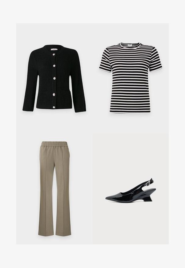 JDY JDYJANNE O NECK CARDIGAN - Kardigán - black; Čierno-biela pruhovaná tričko s krátkym rukávom, s rebrovanou textúrou a okrúhlym výstrihom. Pruhy sú rovnomerne rozložené po celej látke.; Svetlohnedé elastické nohavice s elastickým pásom, s prednými švami a rozšírenými nohavicami, vyrobené z mäkkej látky s hladkým povrchom.; Čierna lakovaná slingback topánka so špicatou špičkou a nízkym šikmým blokovým opätkom na jednoduchom svetlom pozadí.