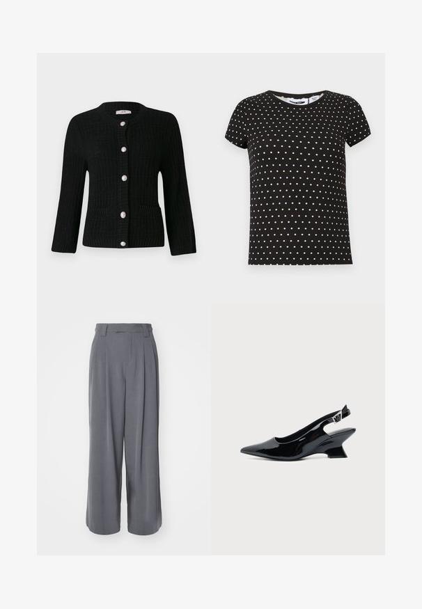 JDY JDYJANNE O NECK CARDIGAN - Kardigán - black; Čierne tričko s krátkym rukávom s bielymi bodkami, okrúhlym výstrihom a rovnou lemovkou.; Sivé nohavice s širokými nohavicami vyrobené z hladkej tkaniny, s vysokým pásom, skladmi a zúženým strihom, bez viditeľných vzorov alebo akcentov.; Čierna lakovaná slingback topánka so špicatou špičkou a nízkym šikmým blokovým opätkom na jednoduchom svetlom pozadí.