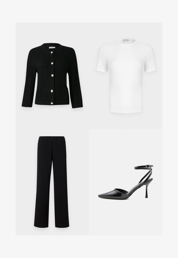 JDY JDYJANNE O NECK CARDIGAN - Strickjacke - black; Weißes, kurzärmeliges, geripptes T-Shirt mit Rundhalsausschnitt, figurbetontem Schnitt und kleinem Markenlabel im Krageninneren.; Schwarze weit geschnittene Hose mit elastischem Bund, aus einem glatten Stoff gefertigt, mit einem klaren, minimalistischen Design ohne Verzierungen.; Schwarzer spitzer High Heel mit dünnen Knöchelriemen und silberner Schnalle auf einfachem hellem Hintergrund.