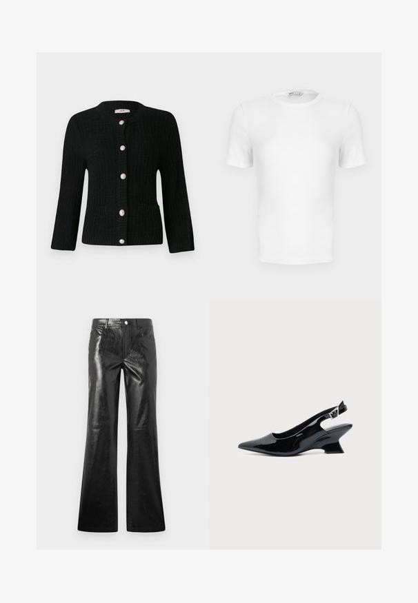JDY JDYJANNE O NECK CARDIGAN - Strickjacke - black; Weißes, kurzärmeliges, geripptes T-Shirt mit Rundhalsausschnitt, figurbetontem Schnitt und kleinem Markenlabel im Krageninneren.; Schwarze ausgestellte Hosen aus glänzendem Kunstleder mit glatter Textur, ausgestattet mit einem Knopfverschluss und klassischem Fünf-Taschen-Design.; Schwarzer Slingback-Schuh aus Lackleder mit spitzer Spitze und niedrigem, schrägem Blockabsatz auf einfachem hellem Hintergrund.