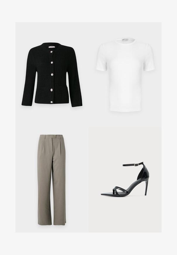 JDY JDYJANNE O NECK CARDIGAN - Kardigan - black; Valge lühikeste varrukatega soonikkoes T-särk ümara kaelusega, istuva lõike ja väikese brändisildiga krae sees.; Soehallid heledad laiad püksid sujuva tekstuuriga, ees voldid, nupplukuga ja kahe külje taskuga.; Mustast lakknahast kõrge kontsaga sandaal õhukese pahkluu rihmaga, avatud varbaga ja minimalistliku disainiga heledal ühtlasel taustal.