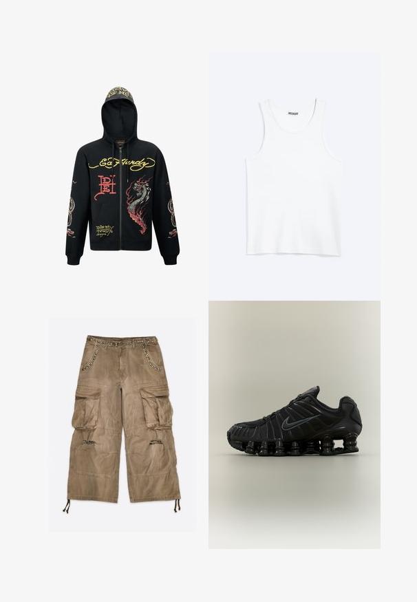 Haut de hoodie noir zippé avec une capuche, présentant des graphismes colorés de dragon et de serpent, un tissu texturé, des poignets côtelés et des accents de logo.; Débardeur blanc sans manches avec col rond et étiquette de la marque Weekday à l'intérieur du col arrière, présenté à plat sur un fond clair.; Pantalon cargo marron avec grandes poches, tissu usé aux genoux, ornements de clous métalliques le long de la taille et des bords des poches, et cordons de serrage aux ourlets.; Chaussure de course noire Nike avec semelle segmentée semblable à un ressort, dessus en mesh et logo Swoosh noir assorti sur le côté.