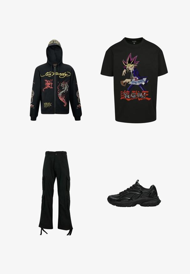 Sorte hættejakke med lynlås, der har hætte, med farverige grafik af drager og slanger, tekstureret stof, ribbede manchetter og logo-detaljer.; Sort T-shirt med Yu-Gi-Oh!-figur med pigget hår, der holder kort og duel disk, med "Yu-Gi-Oh!" logo nedenunder i rød og hvid.; Sorte cargo bukser lavet af holdbart stof har flere sidelommer, et lige ben-design og snøringer i bunden for justerbar pasform.; Sort atletiksko med mesh og syntetisk overdel, tyk polstret sål og snørebånd, vist fra siden på hvid baggrund.