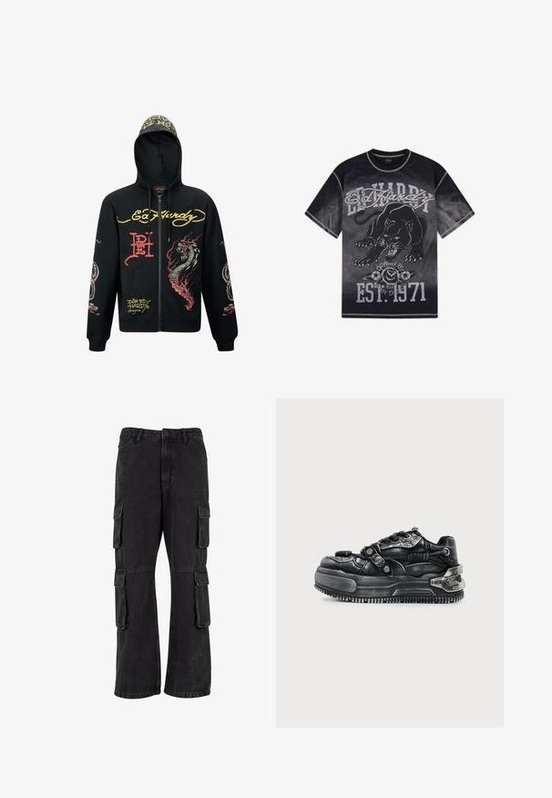 Sorte hættejakke med lynlås, der har hætte, med farverige grafik af drager og slanger, tekstureret stof, ribbede manchetter og logo-detaljer.; Sort og grå Ed Hardy T-shirt med en brølende sort panter, roser og teksten "Ed Hardy", "Drawn by L.A.", og "EST. 1971."; Sorte cargo-bukser lavet af denim, med en løs pasform, flere sidelommer og syet detaljer. Teksturen er let falmet.; Sort chunky sneaker med tyk sål, snørebånd, teksturerede stropper og metal detaljer på hælen og siderne mod en lys baggrund.