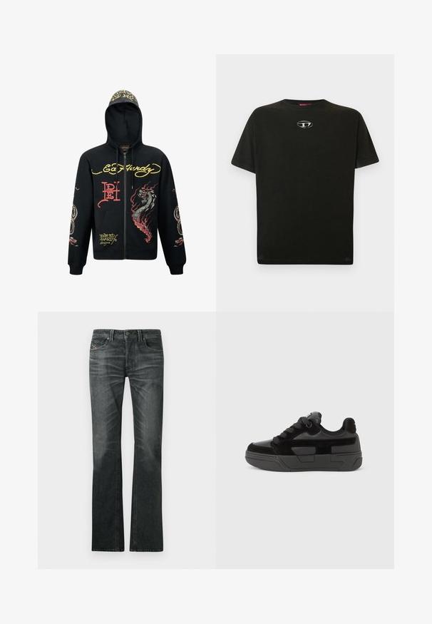 Sorte hættejakke med lynlås, der har hætte, med farverige grafik af drager og slanger, tekstureret stof, ribbede manchetter og logo-detaljer.; Sort bomulds T-shirt med korte ærmer, rund hals og et lille metallisk logo på brystet. Glat tekstur og lige snit.; Mørkegrå denim jeans med en bred fløjlssilhuet, der har lynlås, fem lommer og let falmning på forsiden.; Sort sneakersko med en kombination af glatte og teksturerede materialer, med rundet snude, tyk sål og snørelukning. Minimalistisk design med accenter.
