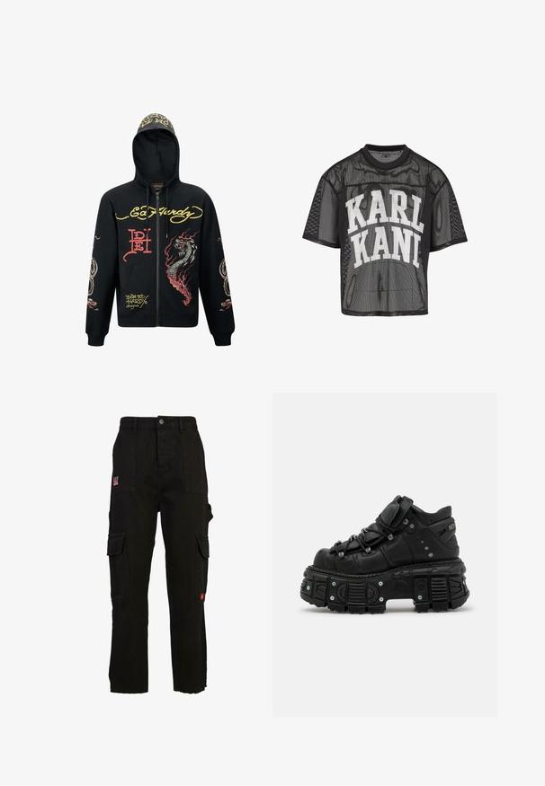 Sorte hættejakke med lynlås, der har hætte, med farverige grafik af drager og slanger, tekstureret stof, ribbede manchetter og logo-detaljer.; Sort kortærmet mesh T-shirt med stort hvidt "KARL KANI"-teksttryk tværs over brystet.; Sorte cargo-bukser lavet af bomuld, med flere sidelommer, en afslappet pasform og en slidset kant. Rød logo detalje på forsiden lommen.; Sorte læder høj-top sneakers med en tykk gummisål, snørebåndsdesign, polstret krave og metal accenter. Har en mønstret sål for godt greb.