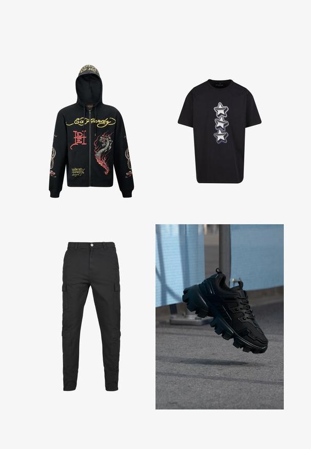 Sorte hættejakke med lynlås, der har hætte, med farverige grafik af drager og slanger, tekstureret stof, ribbede manchetter og logo-detaljer.; Sort t-shirt lavet af bomuld med tre stablede stjerner i sølv og grå med omrids, der viser en afslappet pasform og rund halsudskæring.; Sorte cargo bukser lavet af slidstærkt stof. Har flere sidelommer, knaplukning og en tapered ben-design. Flad front, ingen mønstre.; Sort chunky sneaker med tyk slidbane sål, der svæver over en grå fortov mod en sløret lyseblå og grå baggrund.