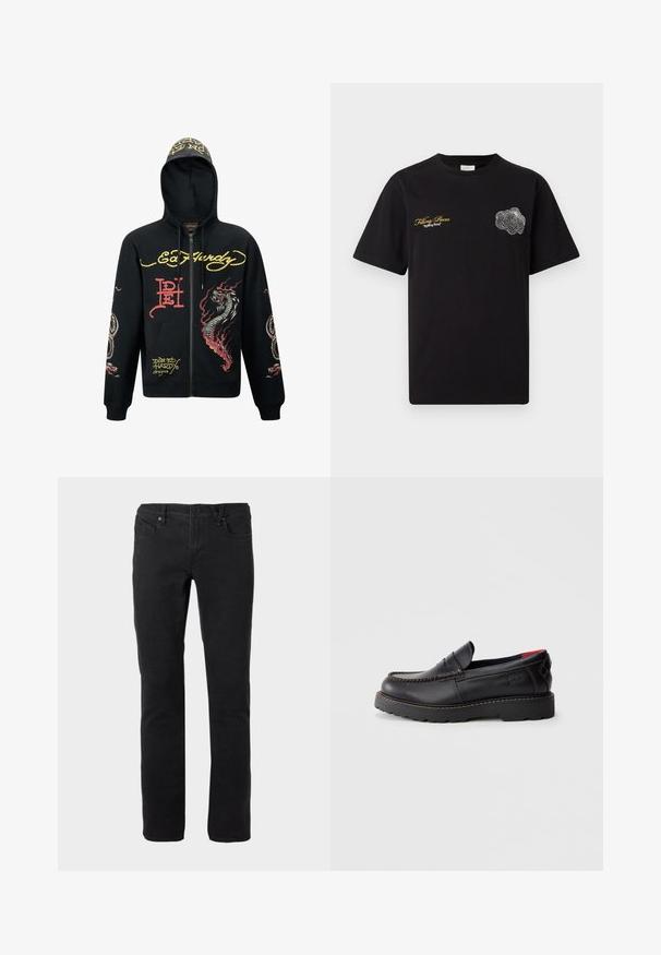 Sorte hættejakke med lynlås, der har hætte, med farverige grafik af drager og slanger, tekstureret stof, ribbede manchetter og logo-detaljer.; Sort T-shirt med korte ærmer og gul tekst "Filling Pieces Breaking Bread" på venstre bryst samt hvid wireframe abstrakt form på højre bryst.; Sorte slim-fit jeans med frontknap og lynlås, fem-lommer design og lige ben.; Sorte læderslippersko med mokkastoftning, gummisål og en struktureret overflade. Har subtil branding på siden.