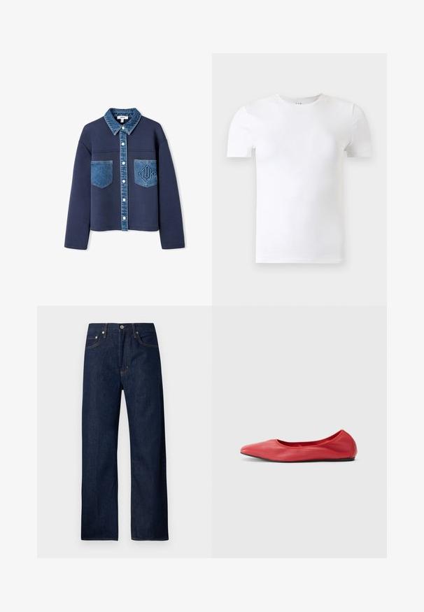 Chaqueta azul marino con cuello de mezclilla y bolsillos, con cierre de botones, texturas de tela en contraste y un sutil logo en relieve en uno de los bolsillos.; Camiseta blanca lisa de manga corta con cuello redondo mostrada sobre un fondo gris claro.; Vaqueros de mezclilla azul oscuro con diseño de pierna recta, estilo de cinco bolsillos y costuras en contraste. Fabricados con tela de algodón resistente.; Filippa K REY FLATS - Bailarinas - bright red