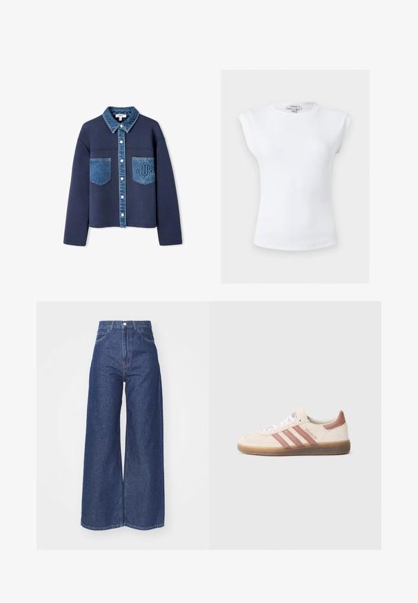 Chaqueta azul marino con cuello de mezclilla y bolsillos, con cierre de botones, texturas de tela en contraste y un sutil logo en relieve en uno de los bolsillos.; Top blanco sin mangas acanalado con hombreras acolchadas y escote redondo, talla pequeña, etiqueta de la marca Topshop en el interior del cuello.; Jeans de pierna ancha hechos de denim azul oscuro. Diseño de altura alta con cremallera y cierre de botón. Cuenta con el estilo clásico de cinco bolsillos y bordes rematados.; Zapatilla de ante beige con detalles en rosa, tres rayas rosas, cordones blancos y suela de goma transparente. Marca "Spezial" en el lateral.